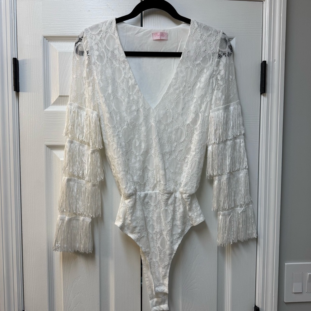 Pink Lily white lace fringe bodysuit